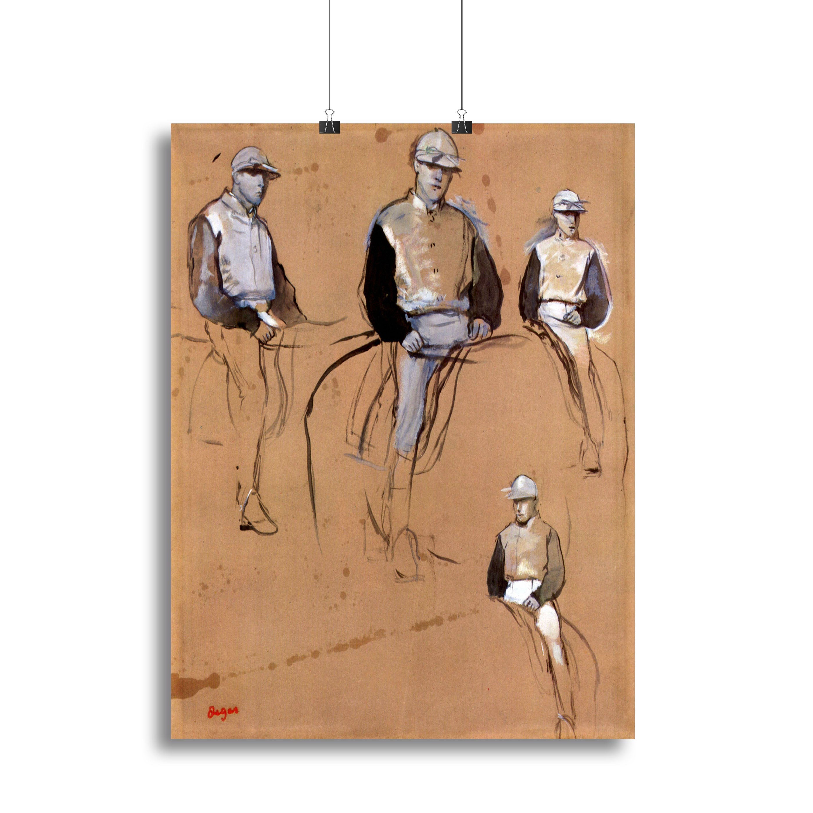 Canvas print of Degas's Study with Four Jockeys, showcasing dynamic jockeys and horses in vibrant colors.